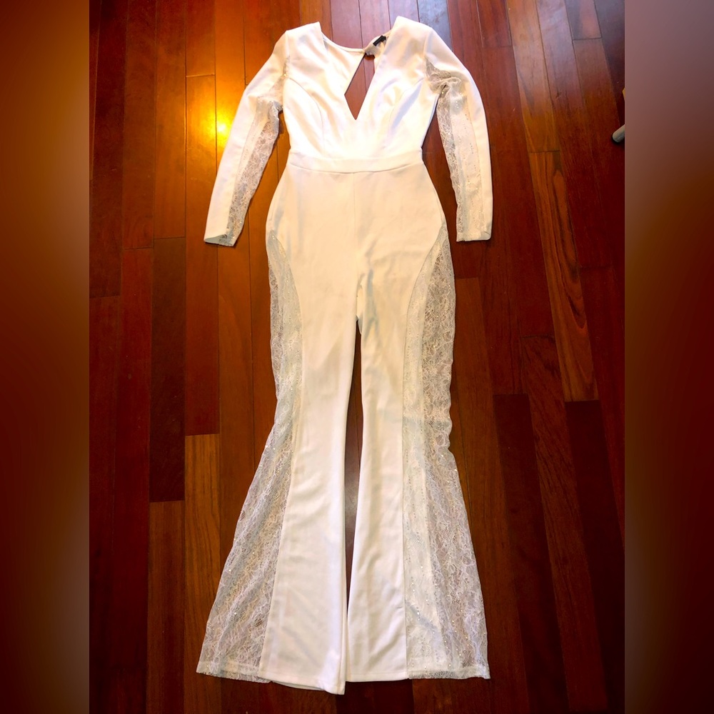 Punchy Blonde boutique symphony white lace rhinestone jumpsuit size medium!